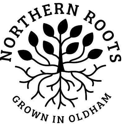 The Northern Roots Oldham logo; black text around a black, line-drawn image of a tree
