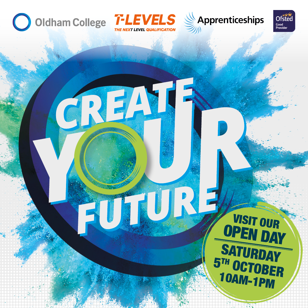 Open Day promotional graphic. Main text reads CREATE YOUR FUTURE / VISIT OUR OPEN DAY / SATURDAY 5TH OCTOBER 10AM-1PM