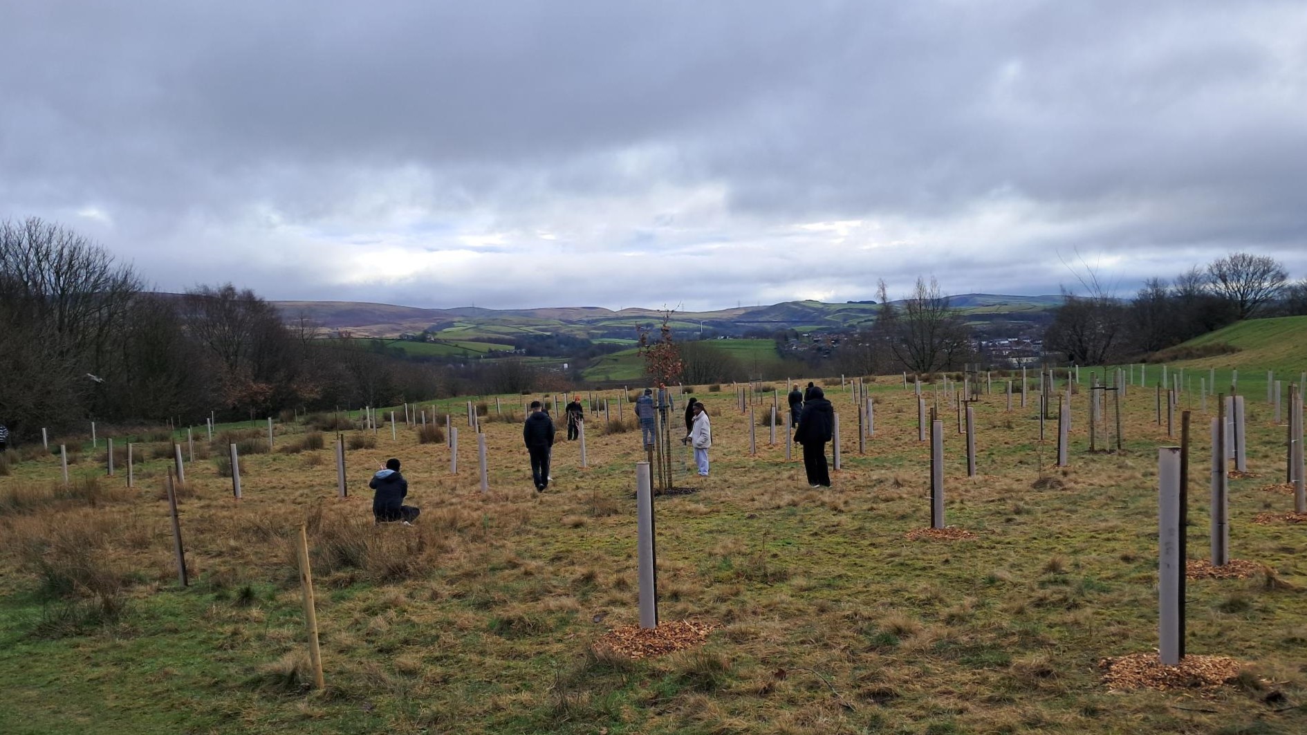 People standing far away in a field, hills in the distance