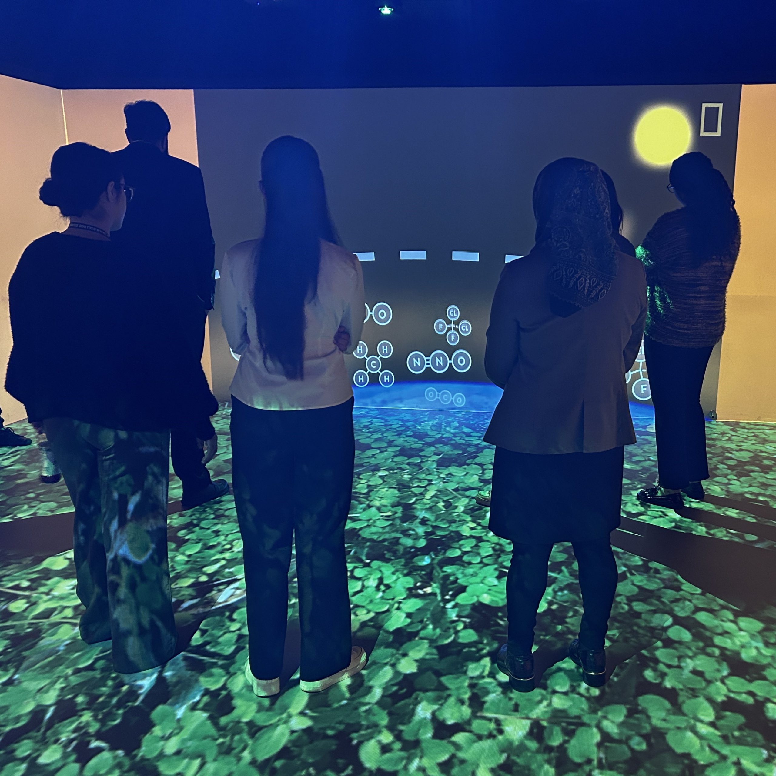 People stand with their backs to the camera in the Imaginarium; leaf imagery appears on the floor.
